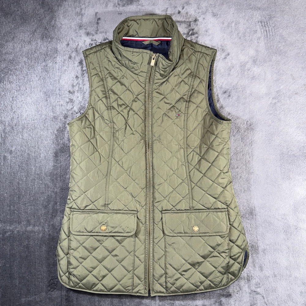 Tommy Hilfiger Womens Olive Green Quilted Puffer Vest Full Zip‎ Small S/P